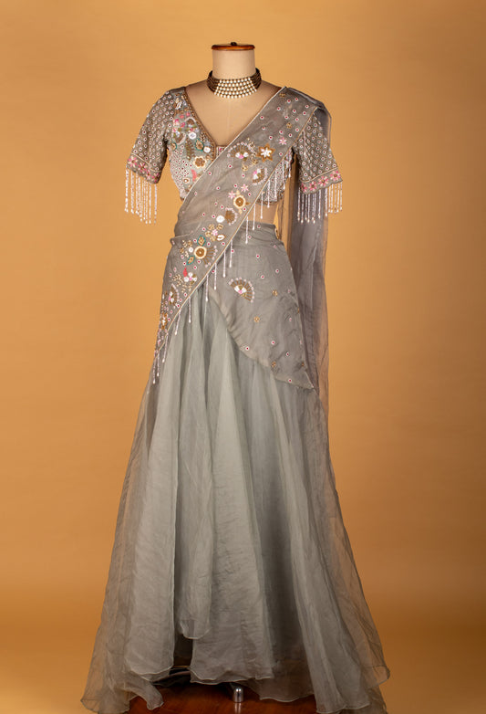 Grey ready-to-wear drape saree with embroidered mirror-work blouse – product image 2