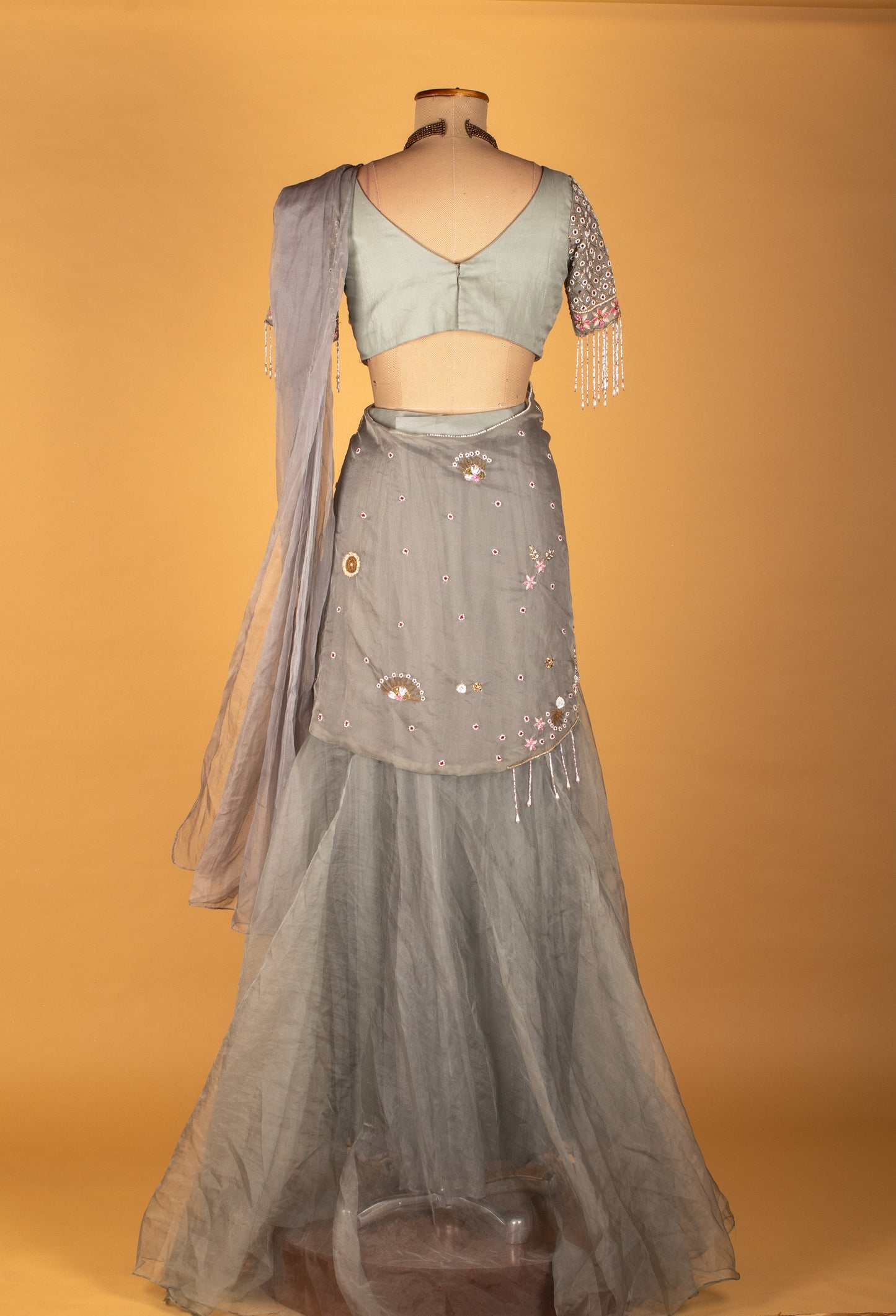 Grey Embroidered Drape Saree with Designer Blouse – Ready-to-Wear Party & Wedding Saree for Women