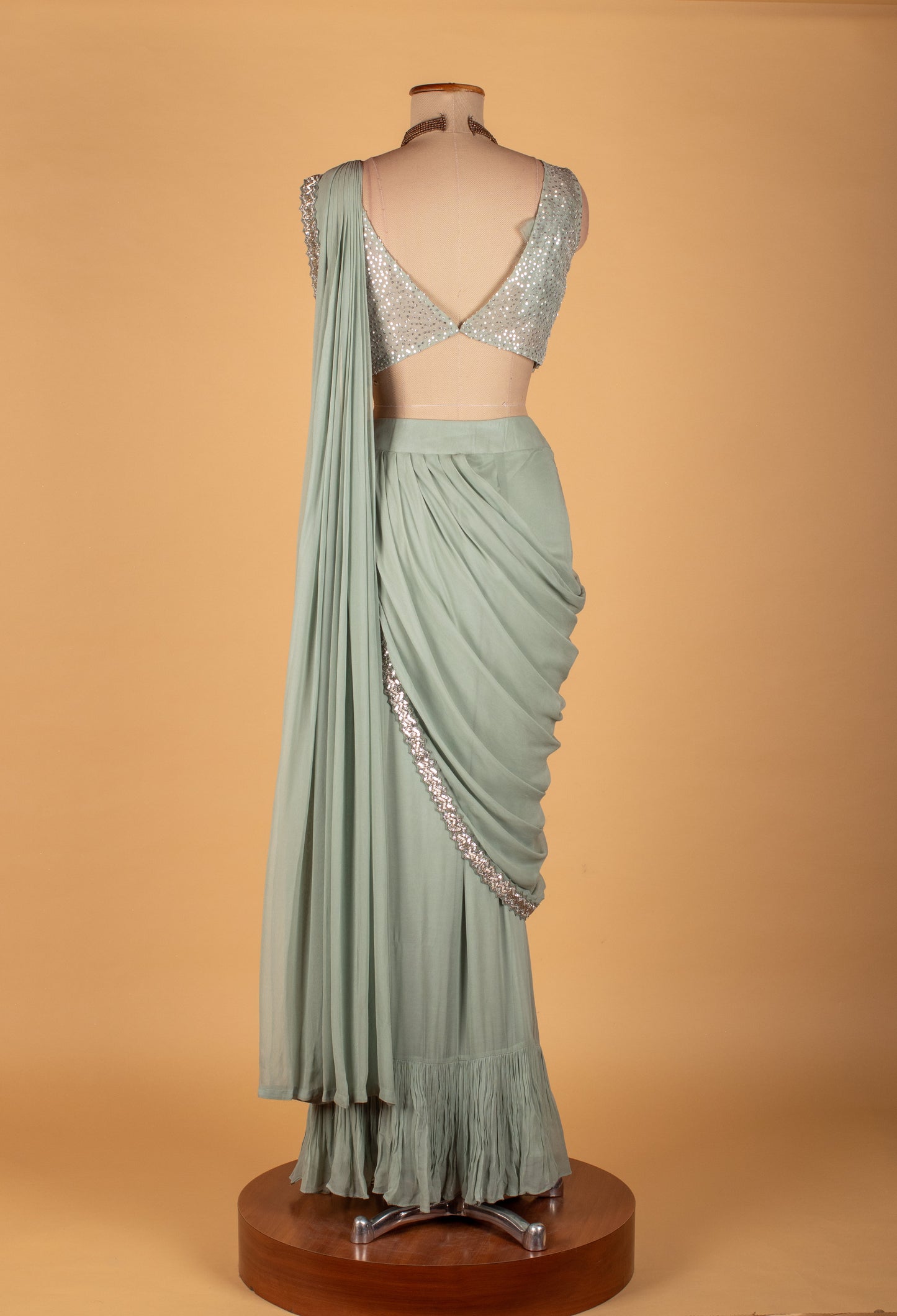 Sage Green Sequinned Drape Saree with Designer Blouse – Elegant Ready-to-Wear Party & Wedding Saree