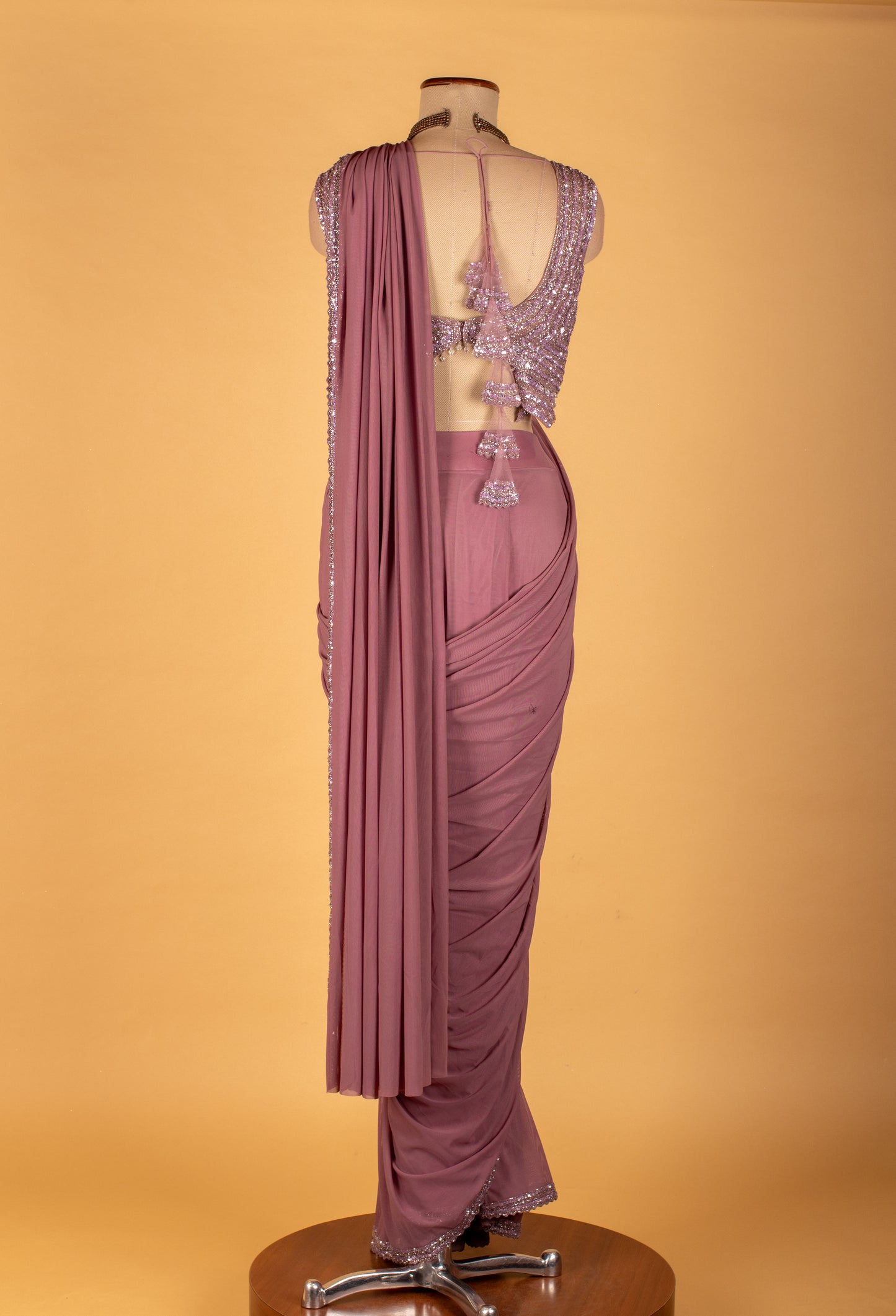 Dusty Rose Embellished Drape Saree with Designer Sequined Blouse – Ready-to-Wear Party & Cocktail Saree