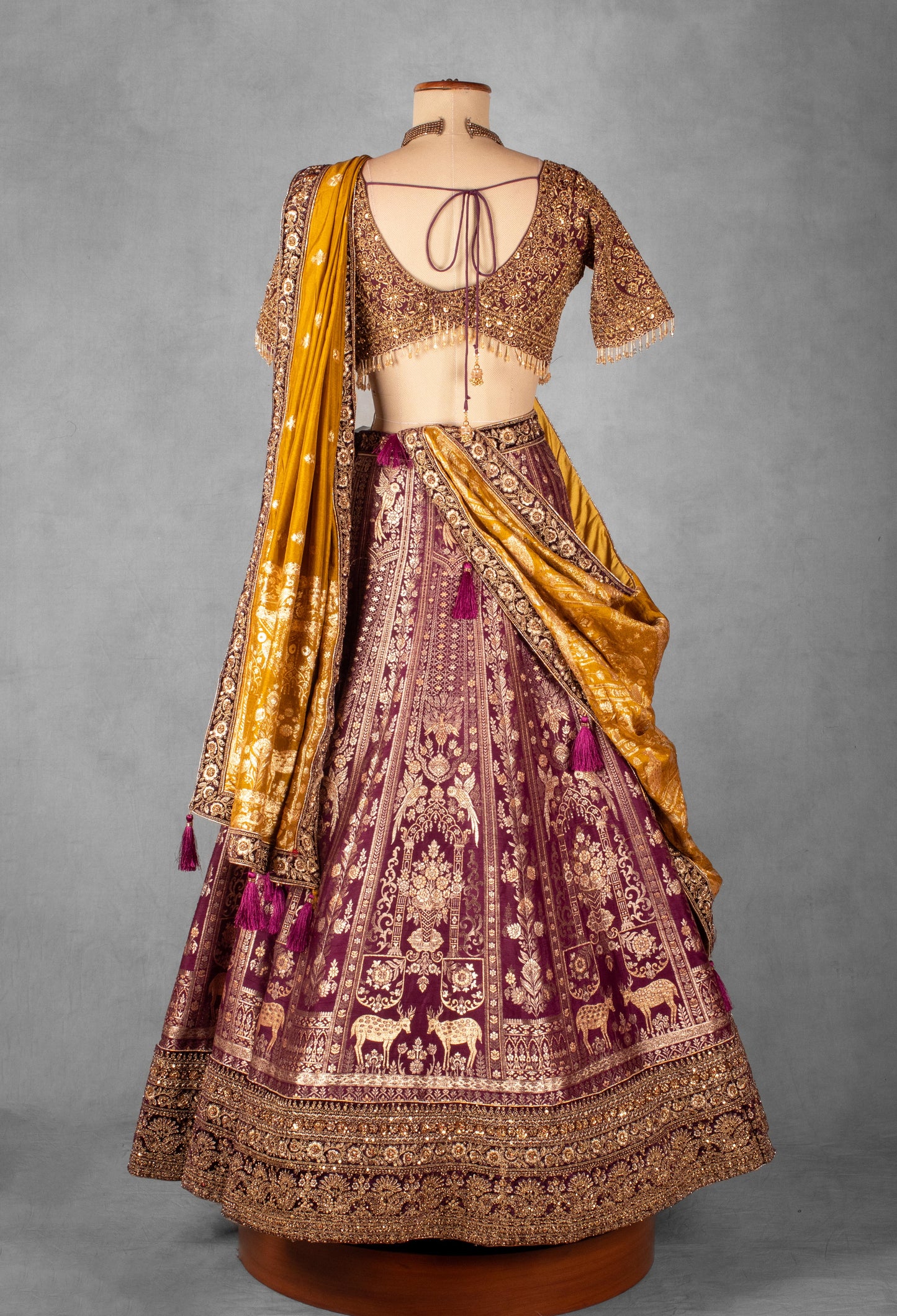Maroon & Mustard Velvet Bridal Lehenga Set with Heavy Zardosi and Heritage Motif Embroidery