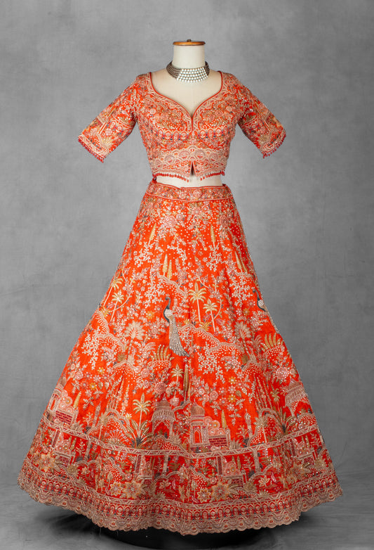 Bright red heavy embroidered bridal lehenga with zari and resham work – product image 2