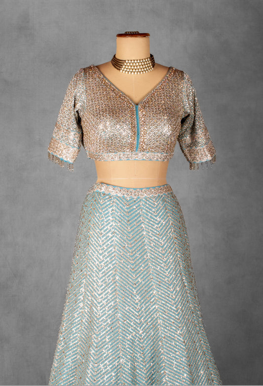 Ice blue sequin and thread embroidered lehenga with net dupatta – product image 2