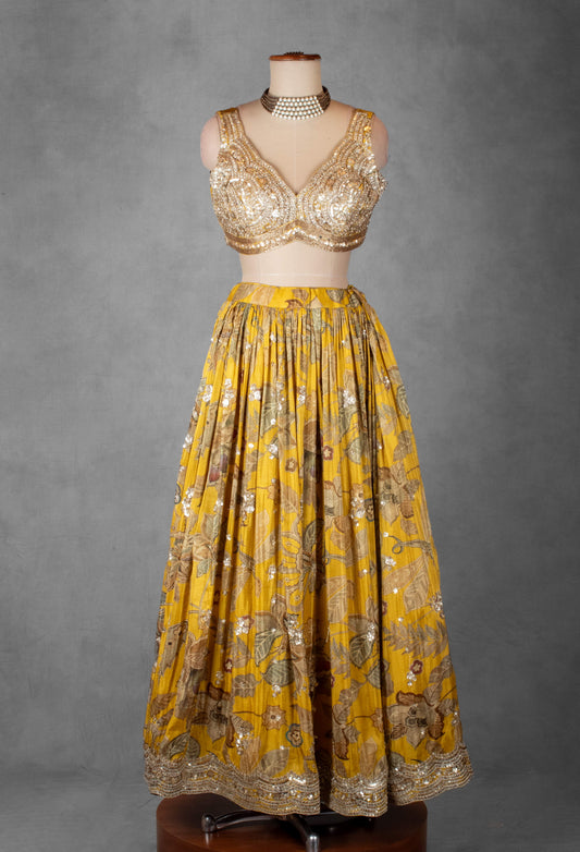 Mustard yellow printed lehenga with heavy sequin crop top – product image 2