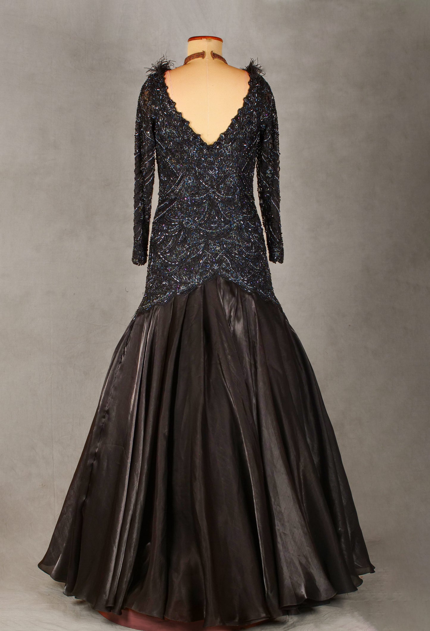 Black Embellished Mermaid Gown with Feather Neckline & Satin Flare | Designer Evening & Reception Wear