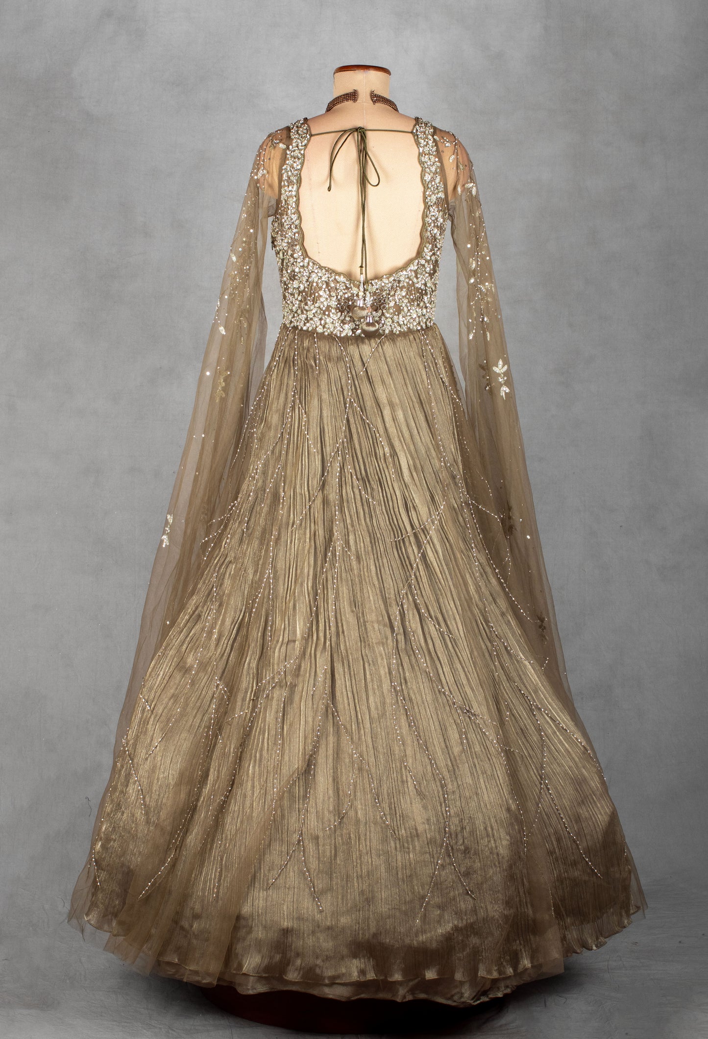 Champagne Gold Hand-Embroidered Net Gown with Sequins & Crystal Detailing