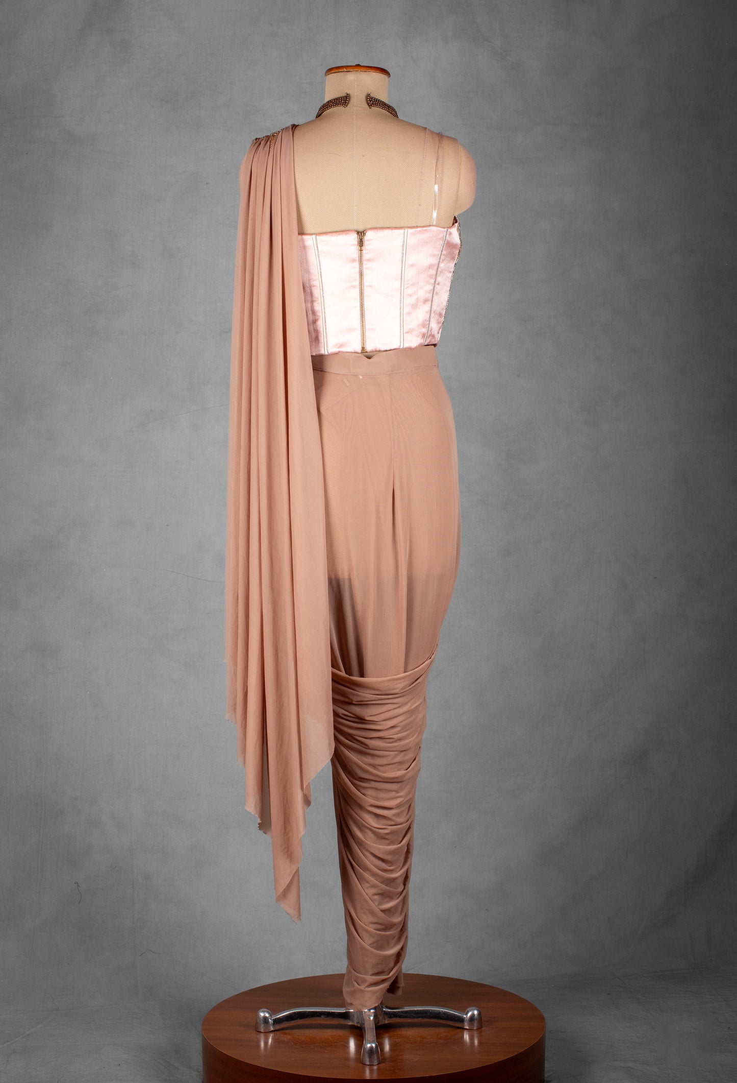 Nude Embellished Drape Saree Gown with Designer Sequin Bustier