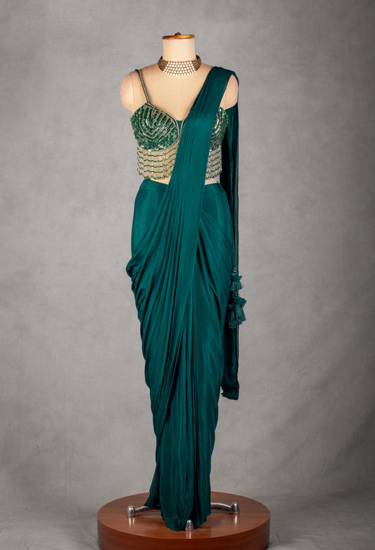 Emerald green designer drape saree with hand-embellished sequin blouse – product image 2