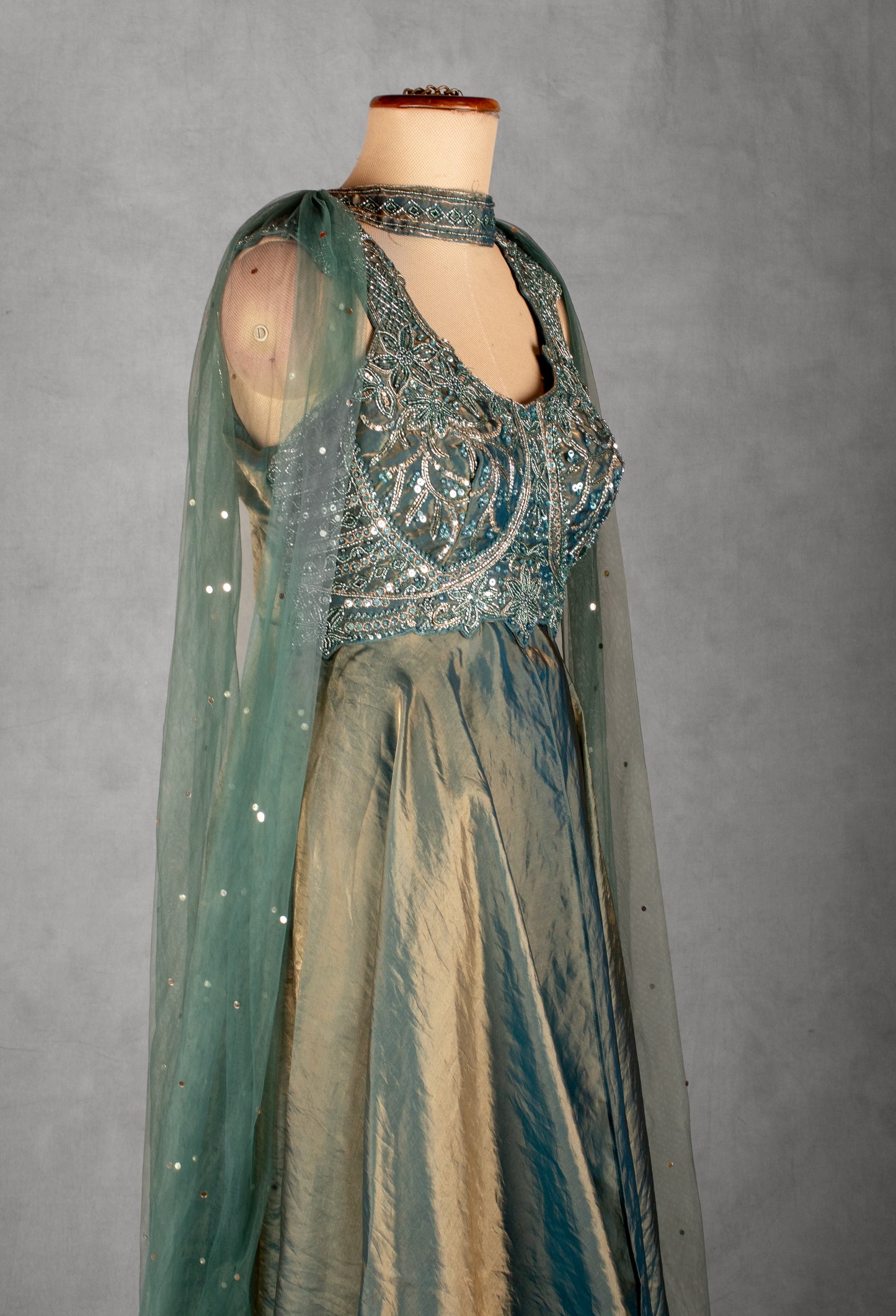 Teal Green Embellished Layered Gown with Cut-Out Back & Net Dupatta | Designer Evening & Festive Wear