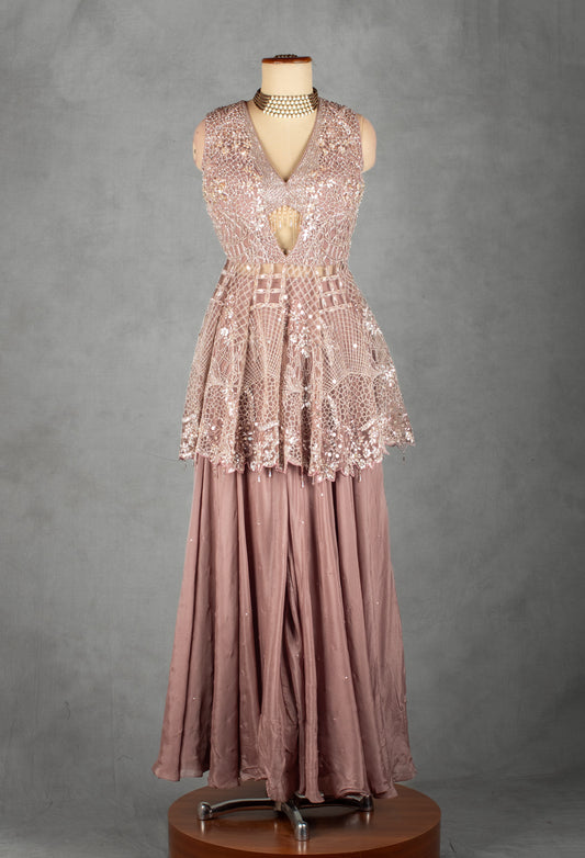 Dusty Rose Sequin Embellished Peplum Lehenga Set with Net Dupatta | Designer Wedding & Festive Wear - view 2