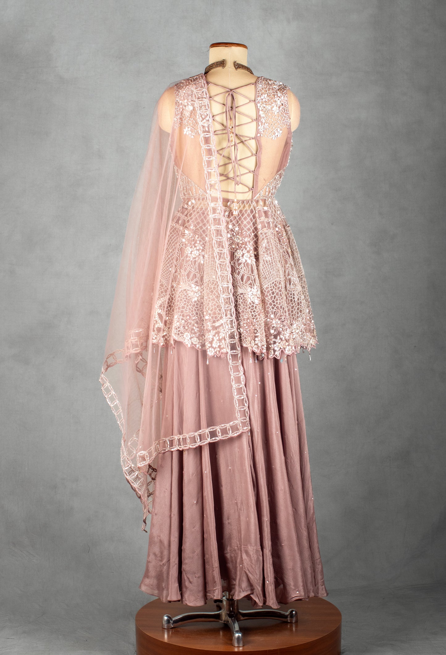 Dusty Rose Sequin Embellished Peplum Lehenga Set with Net Dupatta | Designer Wedding & Festive Wear