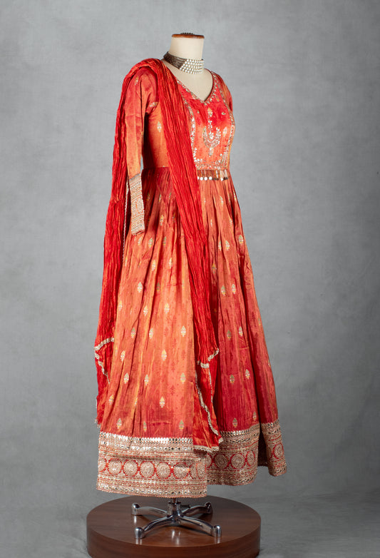 Orange hand-embroidered silk Anarkali gown with matching dupatta – product image 2