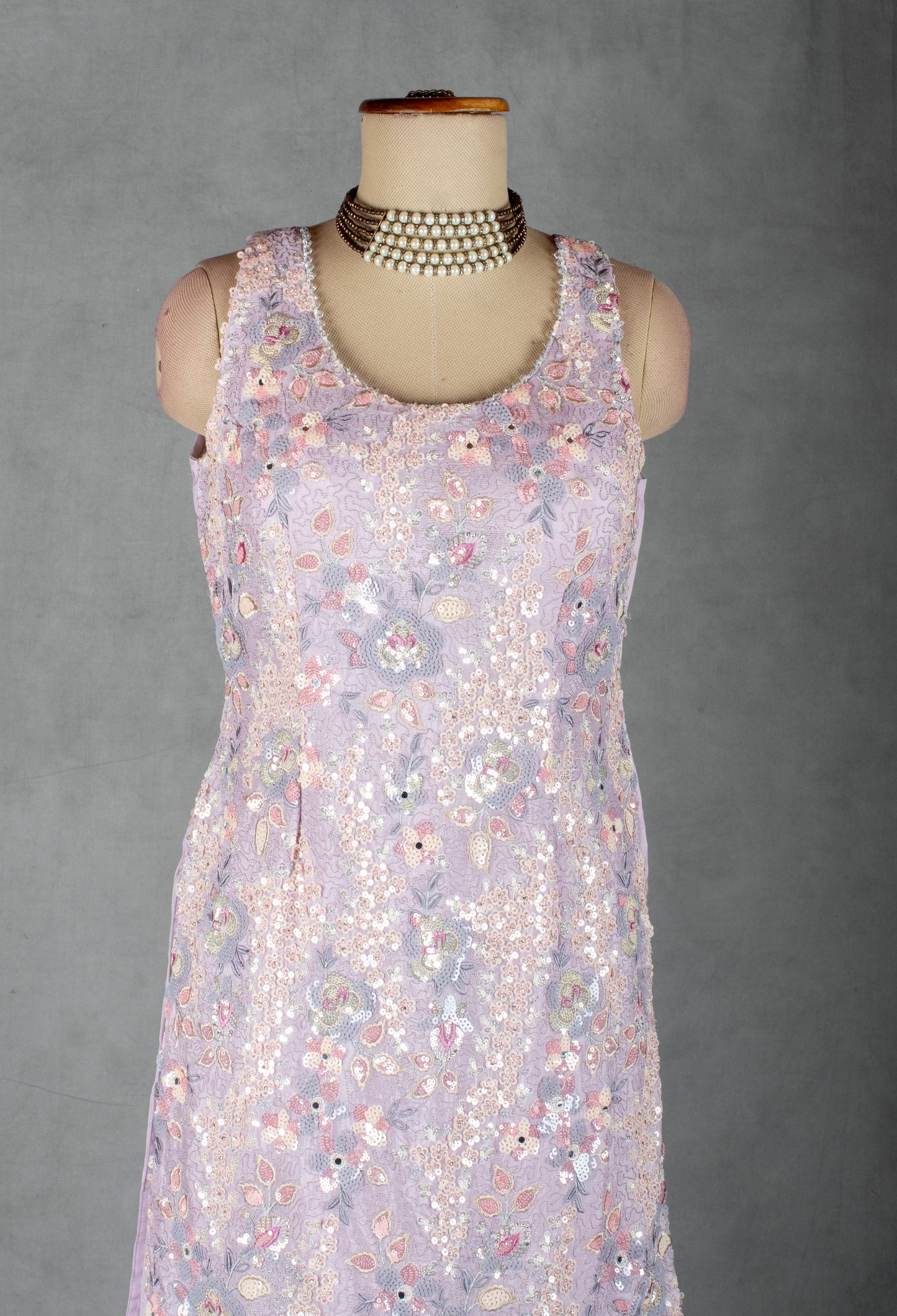 Lavender Sequin & Thread Embroidered Kurta Sharara Set with Matching Dupatta