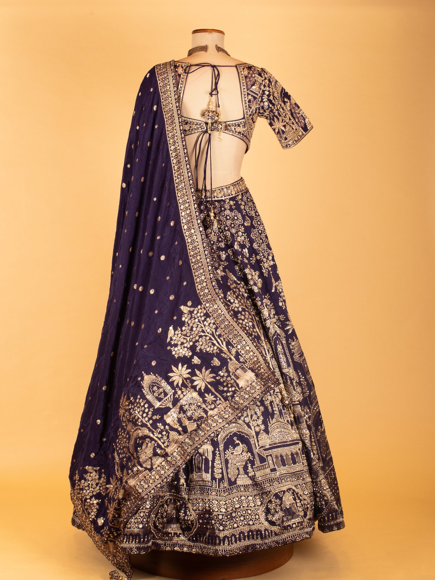 Navy Blue Heavy Zari Embroidered Bridal Lehenga with Temple Motifs & Designer Blouse