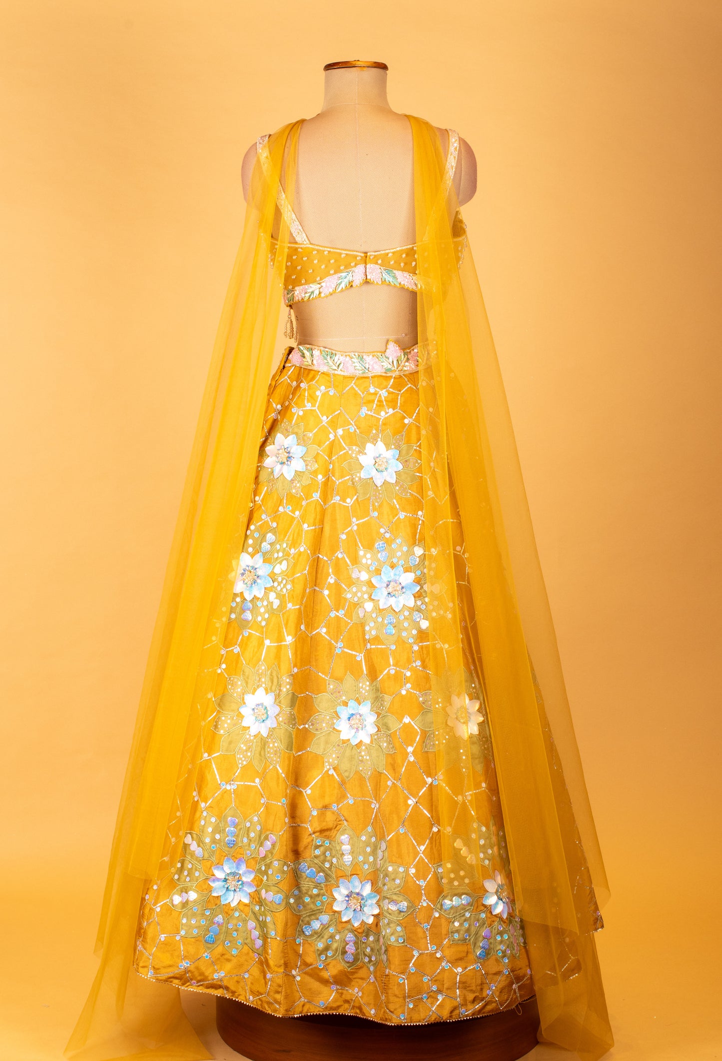 Yellow 3D Floral Embroidered Designer Lehenga with Mirror Work & Statement Blouse