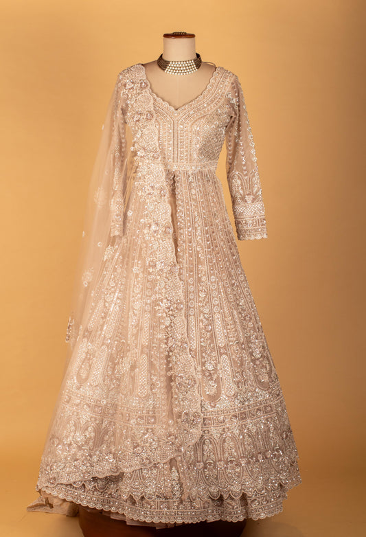 Ivory 3D floral embroidered Anarkali gown with designer dupatta – product image 2