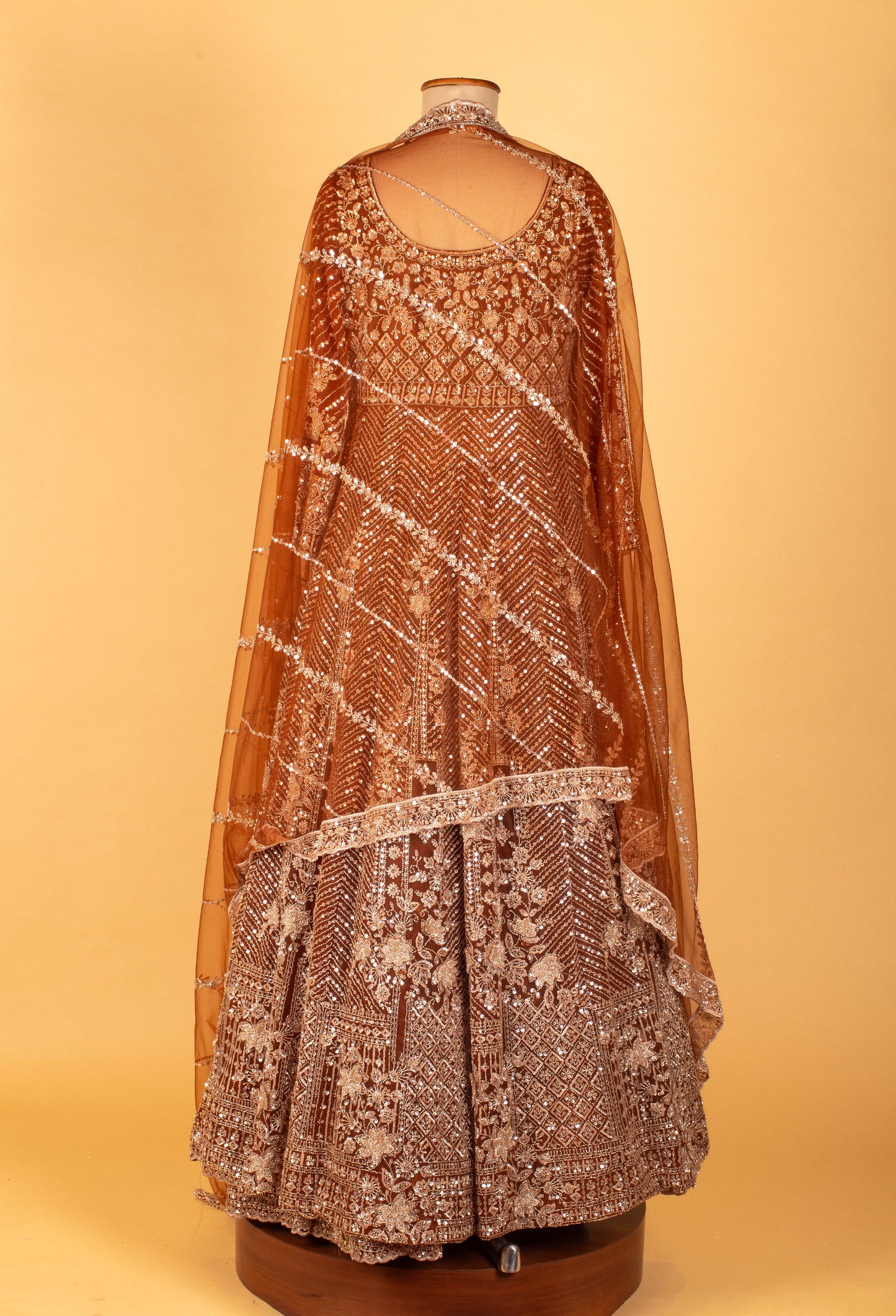 Copper Brown Heavy Embroidered Sequin Anarkali Gown with Designer Dupatta