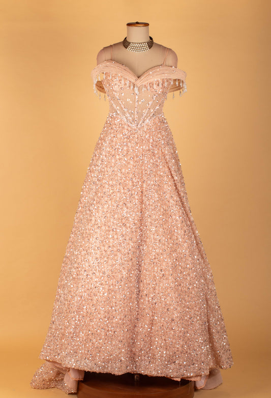 Blush pink off-shoulder heavy sequin ball gown – product image 2