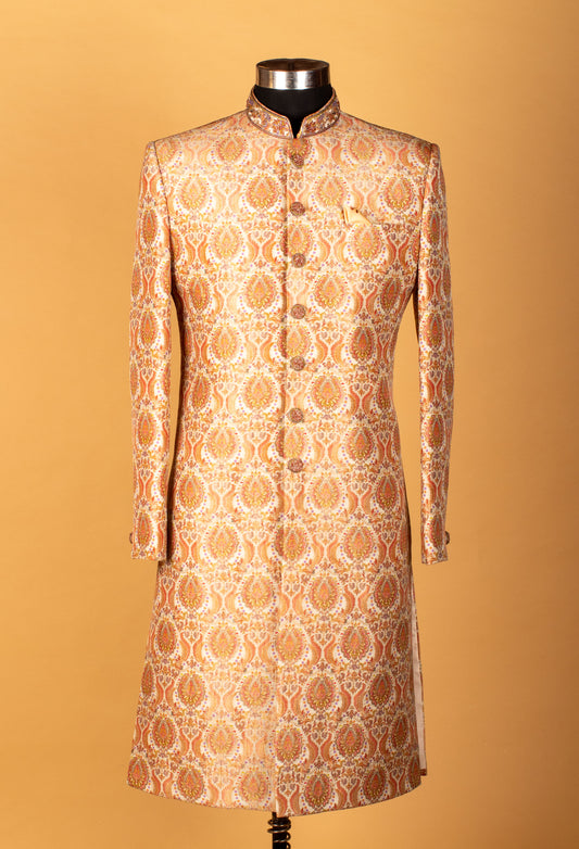Gold and peach brocade paisley sherwani for men – product image 2