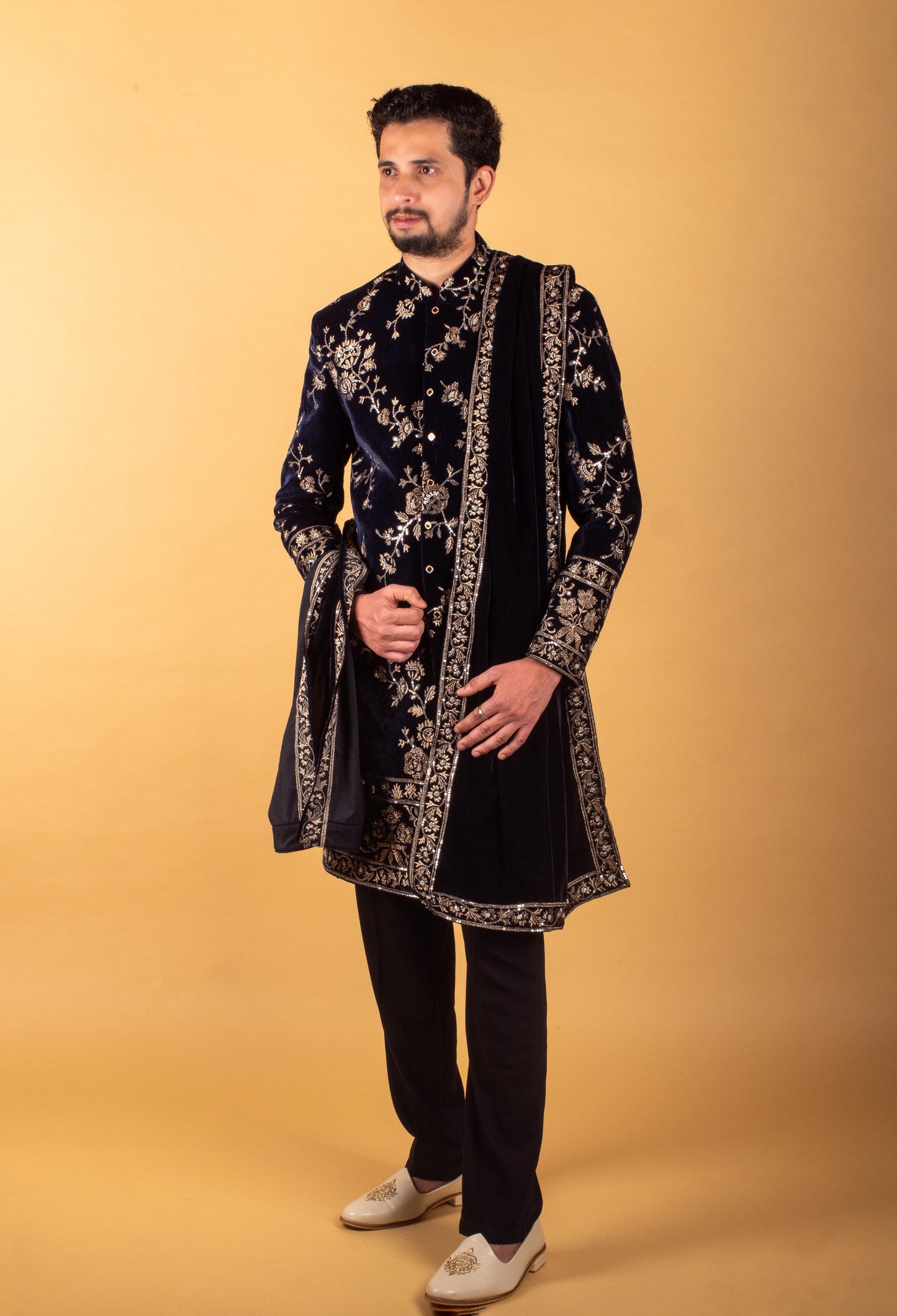 Men’s Royal Blue Velvet Sherwani with Heavy Gold Embroidery & Dupatta | Groom Wedding Wear