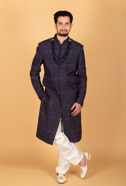 Men’s navy blue designer sherwani with sequin embroidery – product image 2