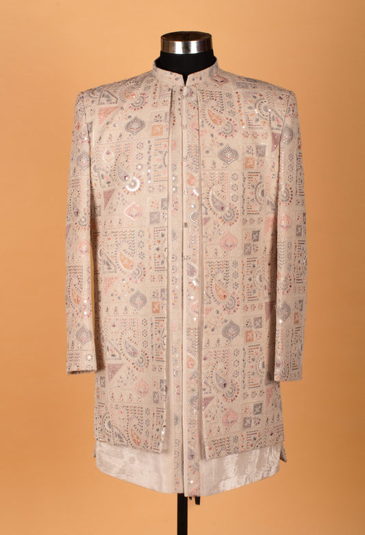 Men’s beige multicolor embroidered Indo-Western achkan – product image 2