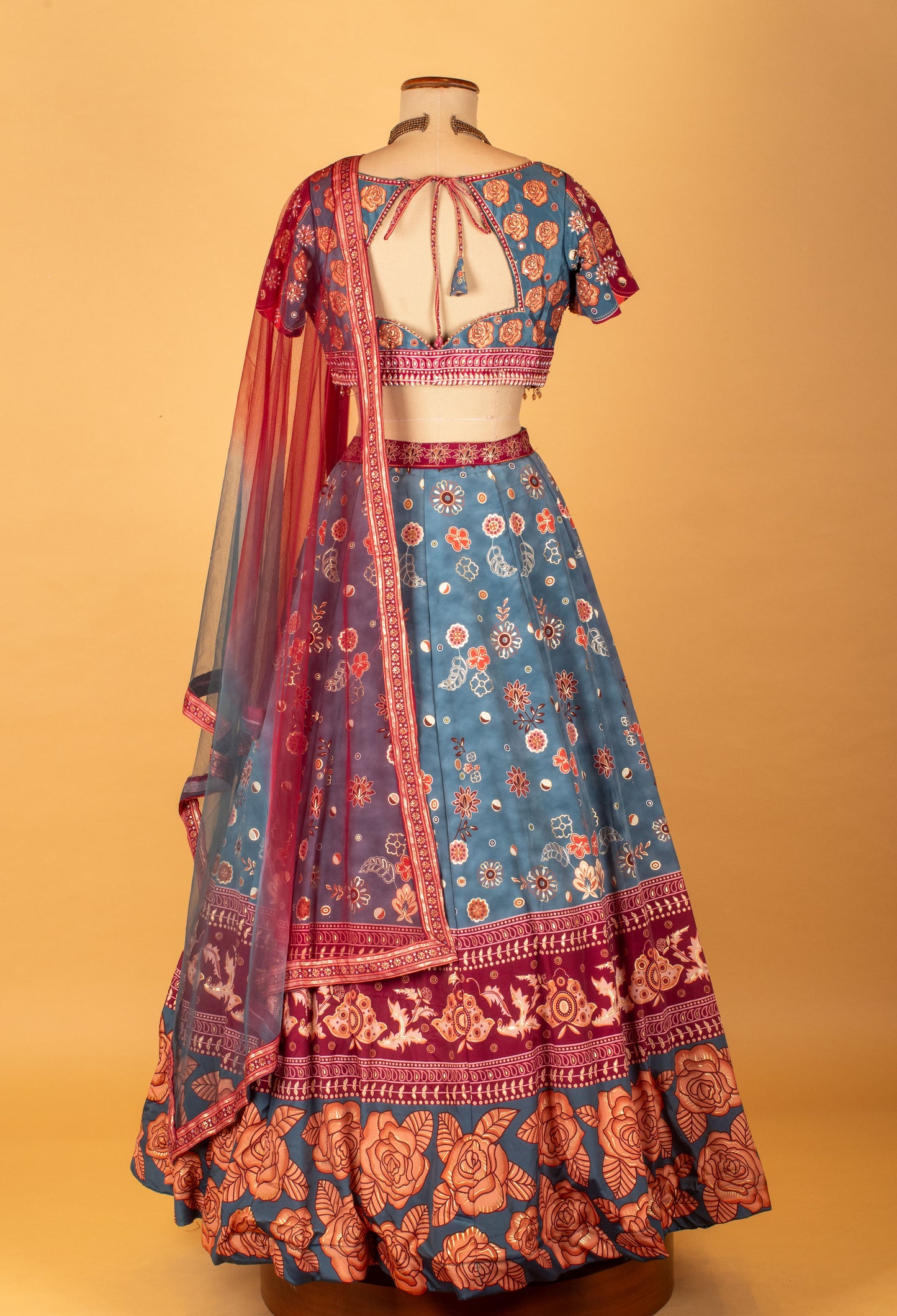 Teal & Wine Printed Crop Top Lehenga Set with Floral Motifs and Dupatta
