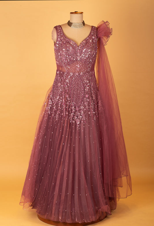 Mauve embellished net gown with sequin bodice and sheer dupatta – product image 2