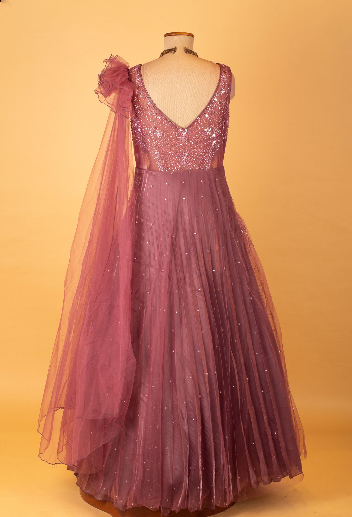 Mauve Embellished Net Gown with Sequin Work & Sheer Dupatta