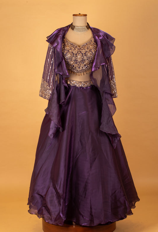 Purple embroidered crop top lehenga set with sheer jacket – product image 2