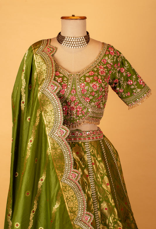 Olive green embroidered lehenga set with zari work and dupatta – product image 2