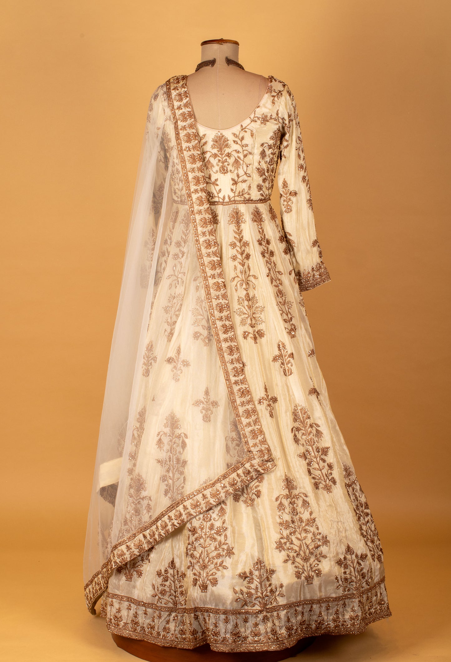 Ivory Embroidered Anarkali Lehenga Set with Gold Work & Net Dupatta