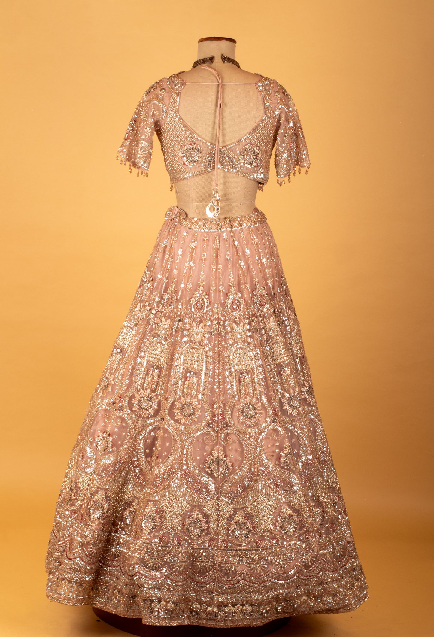 Rose Gold Embellished Crop Top Lehenga Set with Heavy Work & Net Dupatta