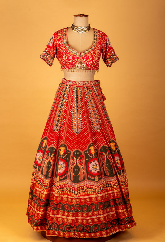 Red printed lehenga set with traditional motifs and dupatta – product image 2
