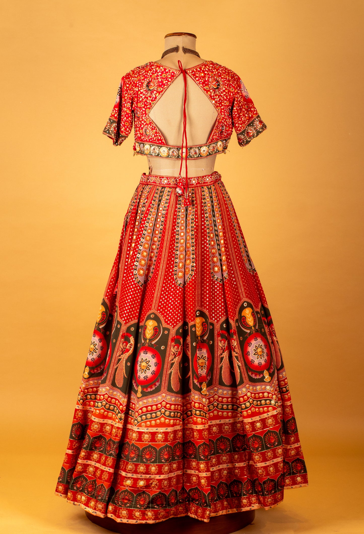 Red Printed Crop Top Lehenga Set with Traditional Motifs & Dupatta