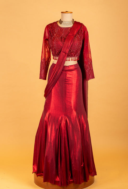 Red embellished mermaid lehenga with sheer-sleeve blouse – product image 2