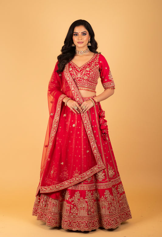 Red heavy zari and sequin bridal lehenga with sweetheart blouse – product image 2