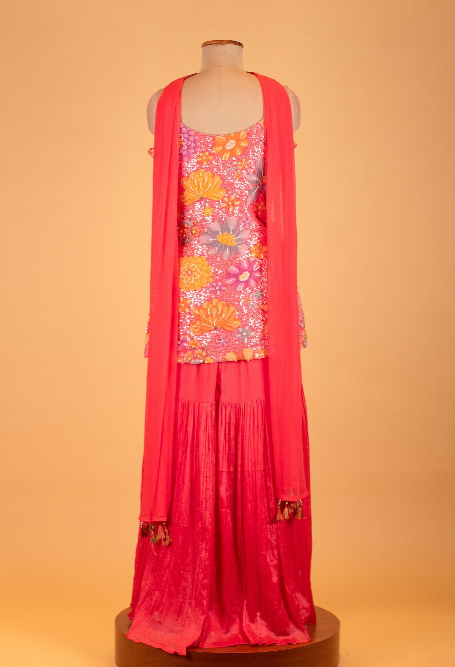 Vibrant Floral Embroidered Sharara Set in Pink & Orange – Party Wear Indo-Western Outfit