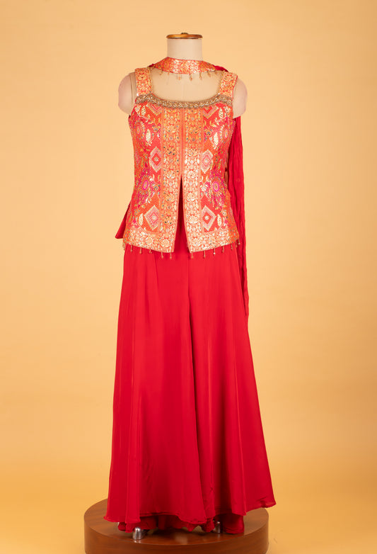Red embroidered palazzo set with mirror-work jacket and dupatta – product image 2