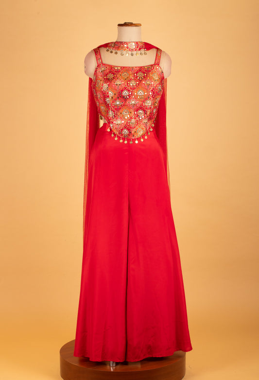 Red embroidered sharara set with mirror and sequin work – product image 2