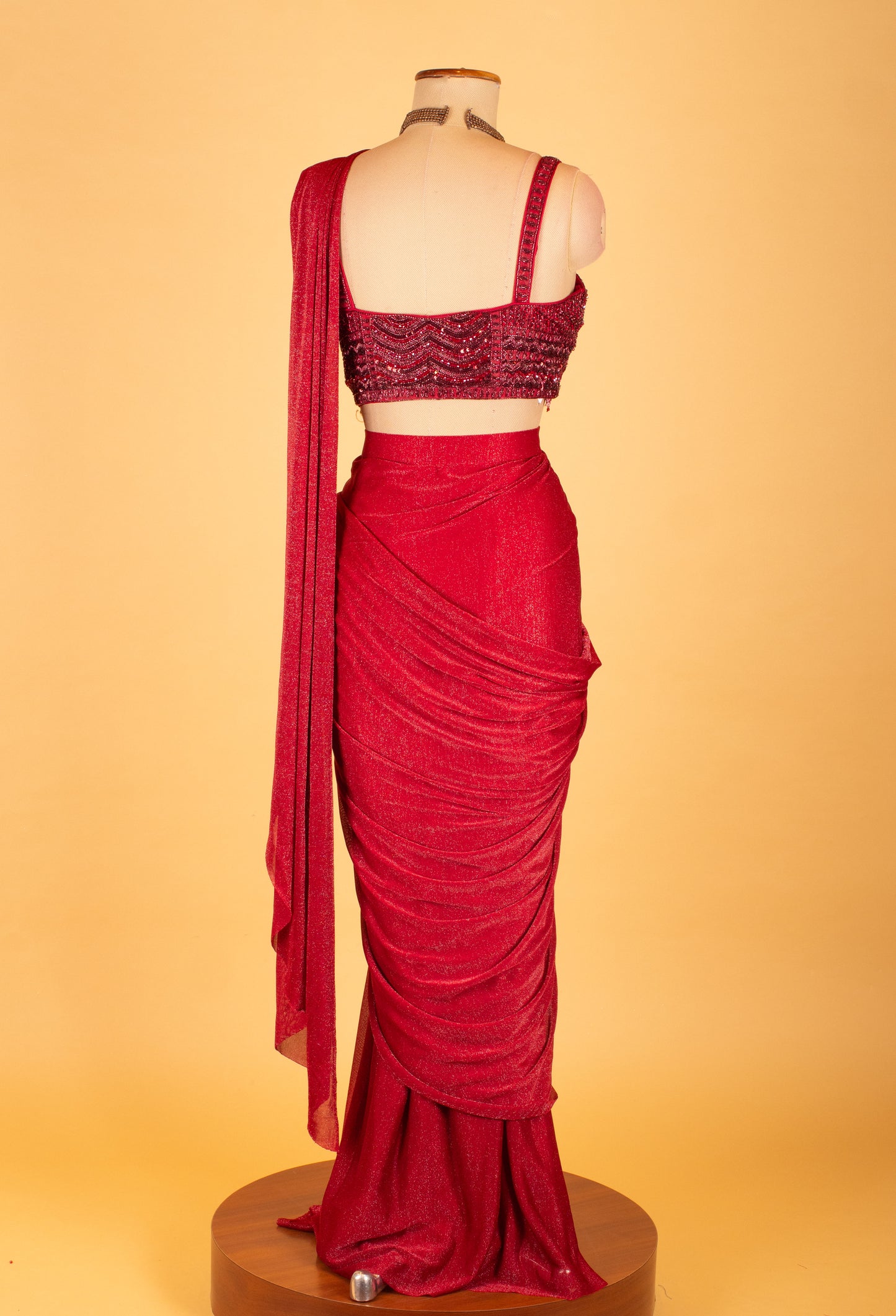 Red Sequins Embellished Pre-Stitched Saree Gown with Designer Blouse – Party & Cocktail Wear for Women