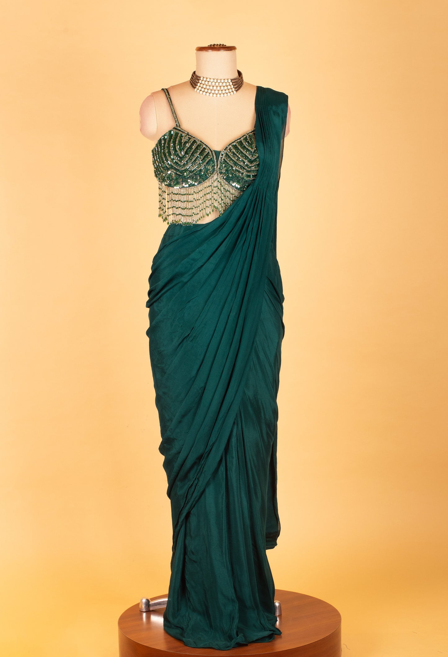 Emerald Green Ready-to-Drape Saree with Sequins Fringe Blouse – Modern Party Wear for Weddings & Receptions