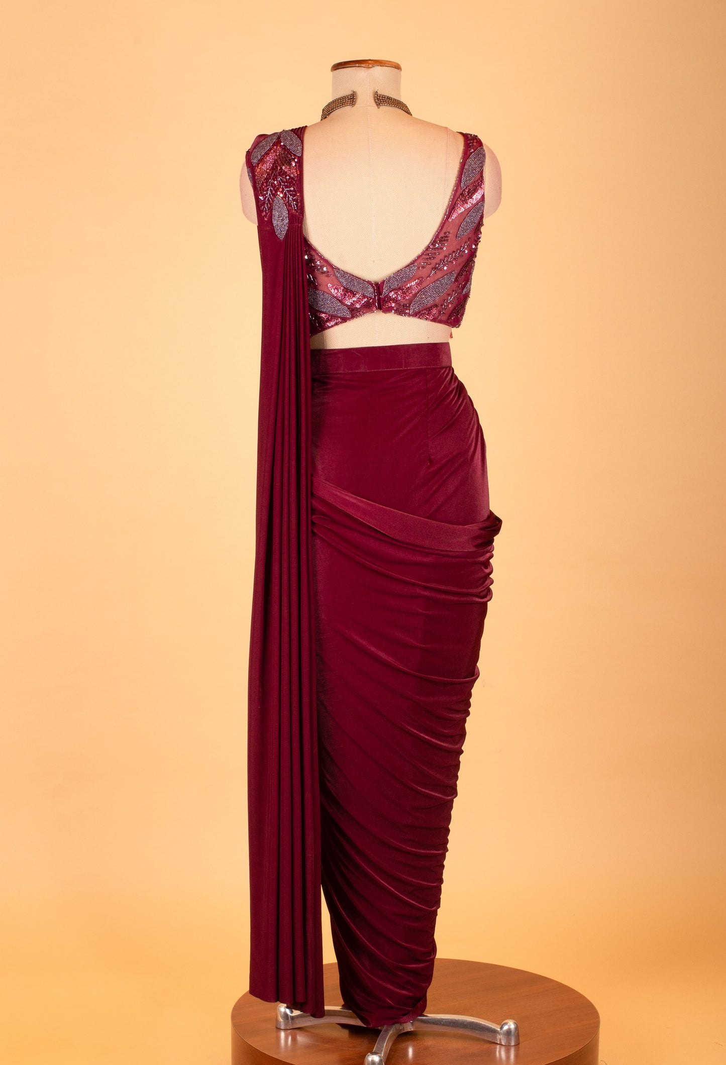 Wine Maroon Embellished Pre-Stitched Saree Gown with Sequin Leaf Work – Designer Party & Wedding Wear