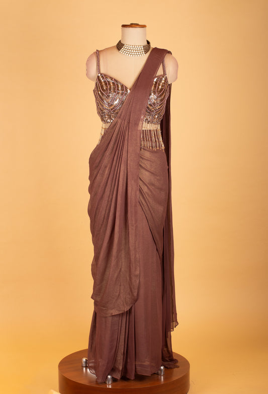 Metallic bronze ready-to-drape saree with crystal sequin fringe blouse – product image 2