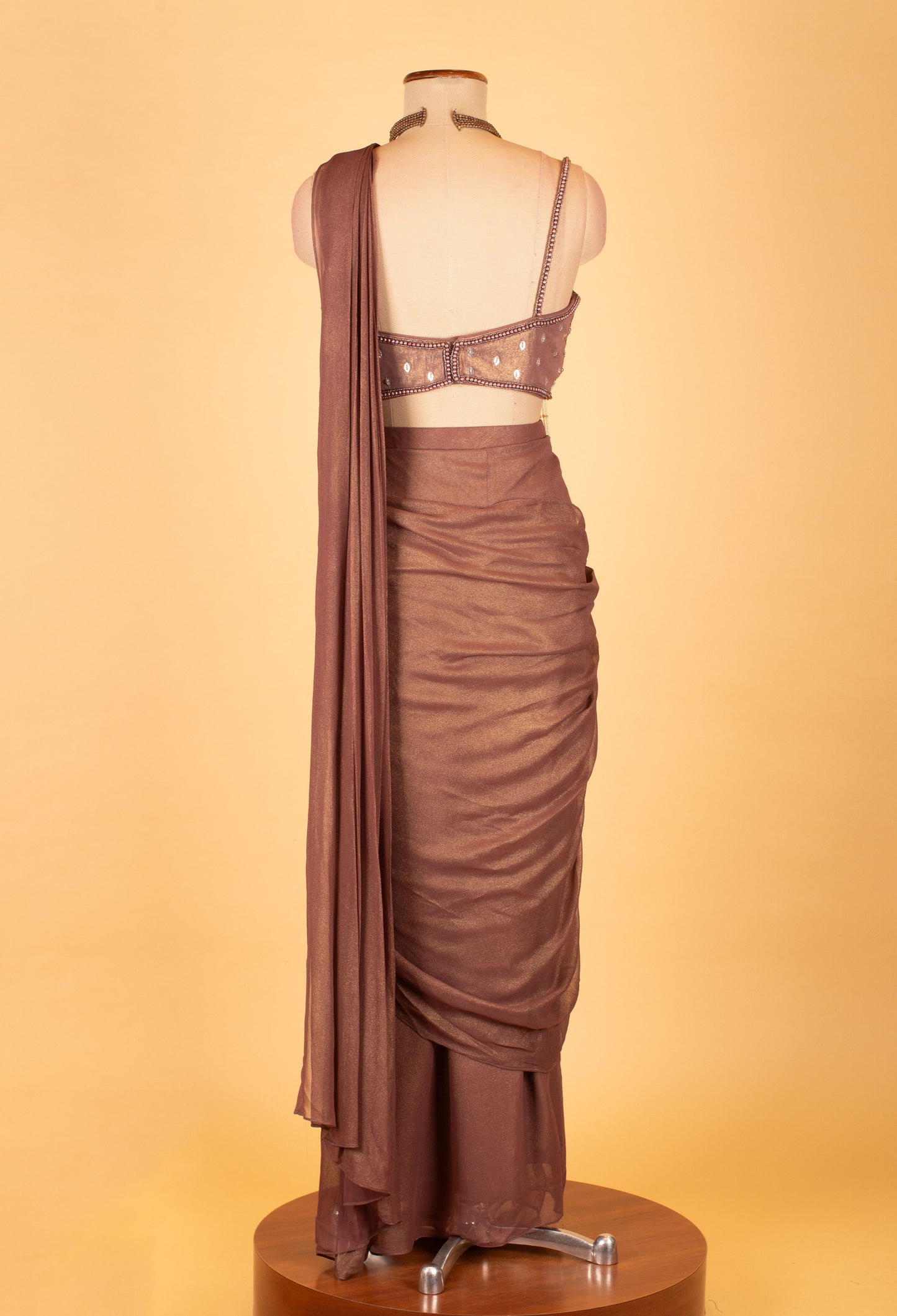 Metallic Bronze Ready-to-Drape Saree with Crystal Sequin Fringe Blouse – Designer Party & Cocktail Wear