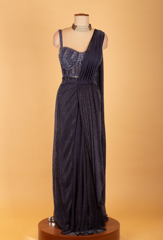 Navy blue embellished pre-stitched saree gown with designer blouse – product image 2