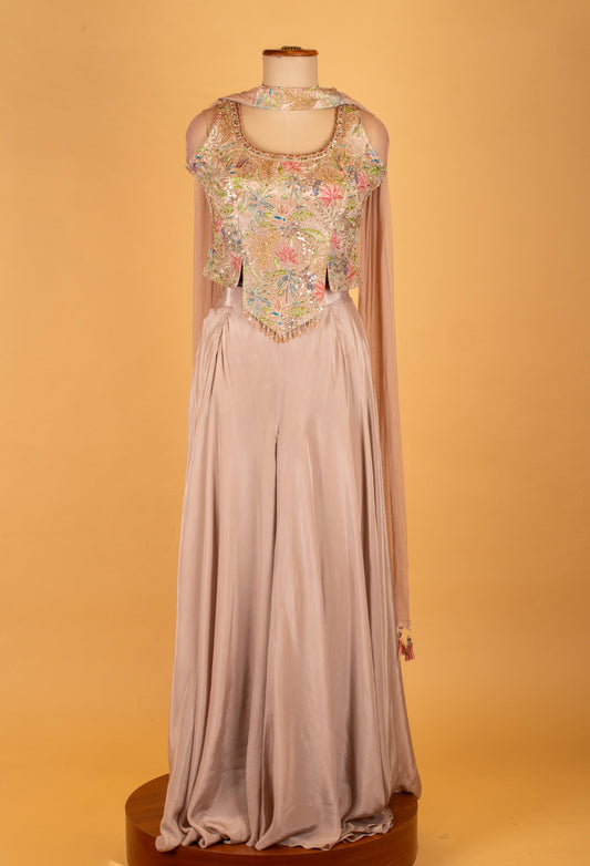 Pastel peach embroidered palazzo set with sequin crop top and dupatta – product image 2