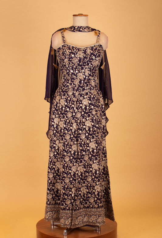 Navy Blue Sequins & Thread Embroidered Indo-Western with Cape Sleeves – Wedding & Party Wear - view 2