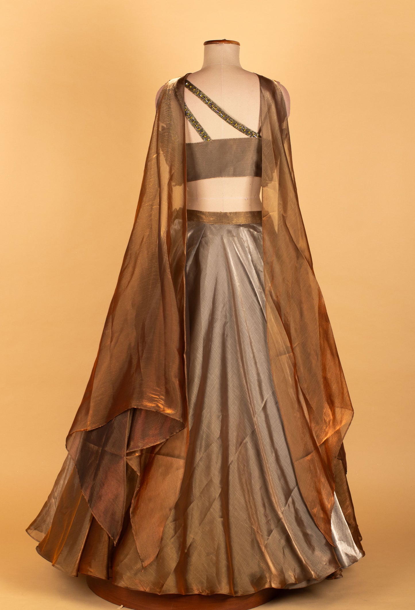 Metallic Bronze–Silver Ombre Designer Lehenga Set with 3D Layered Blouse – Cocktail & Reception Wear