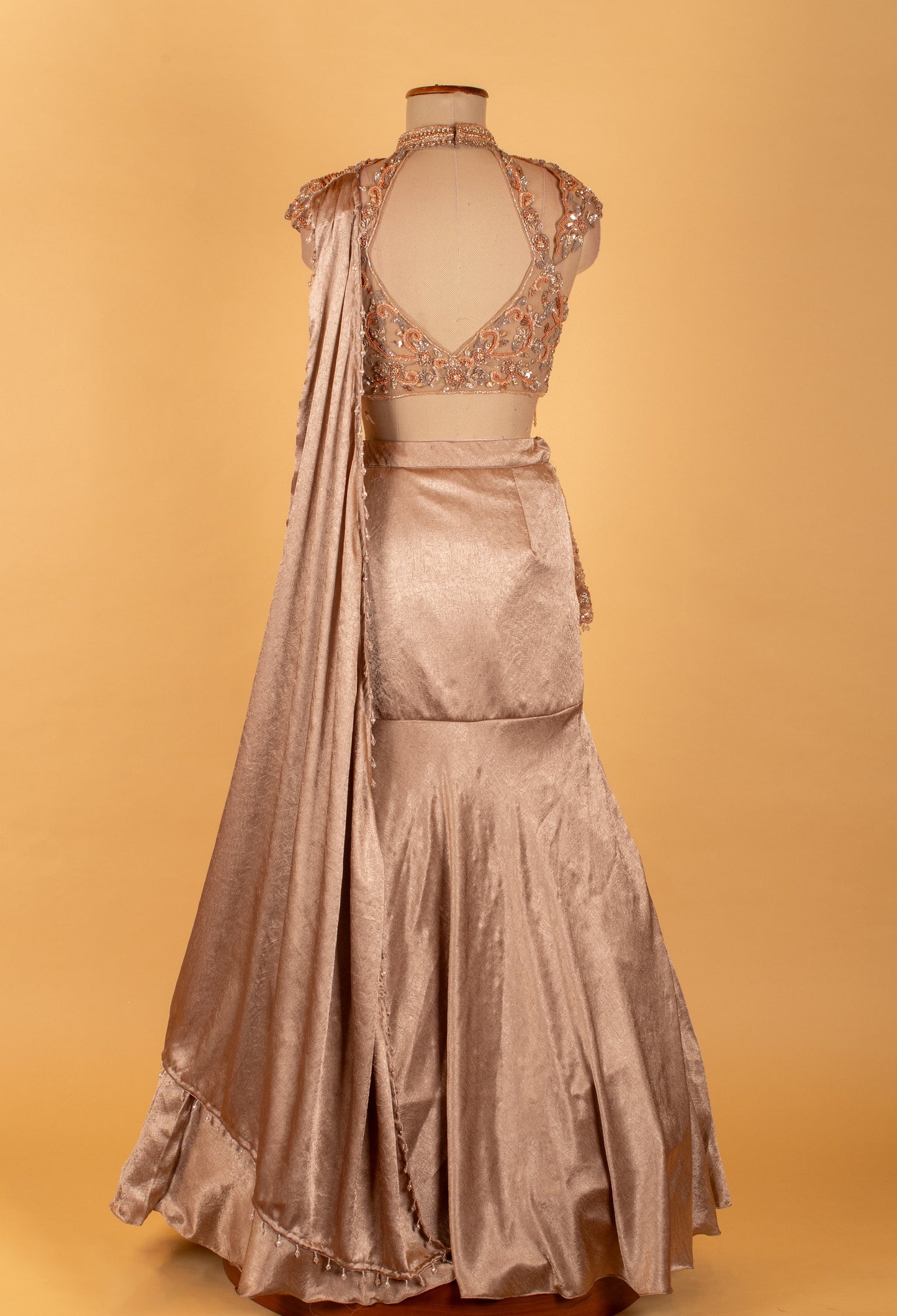 Champagne Peach Embellished Crop Top & Draped Lehenga Set – Designer Reception & Party Wear